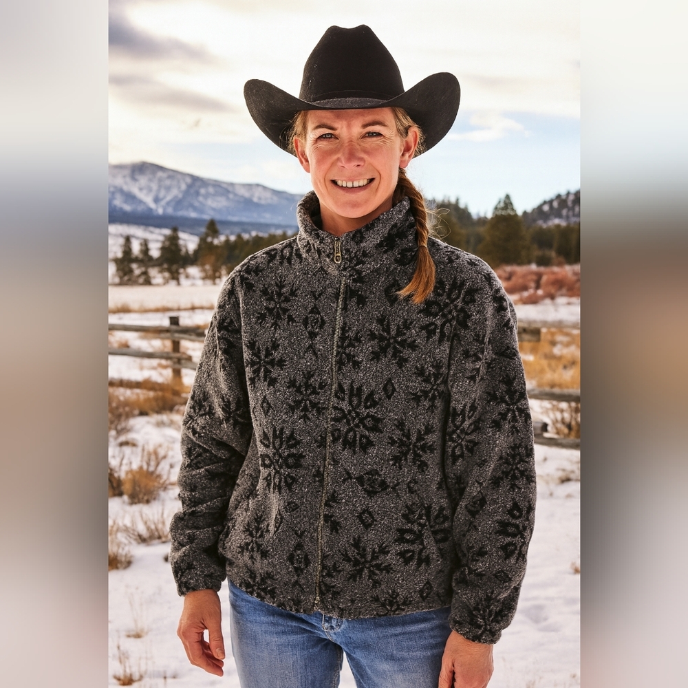 Vintage Tsunami Black Gray Snowflake And Aztec Motif Full Zip Fleece Jacket, Med